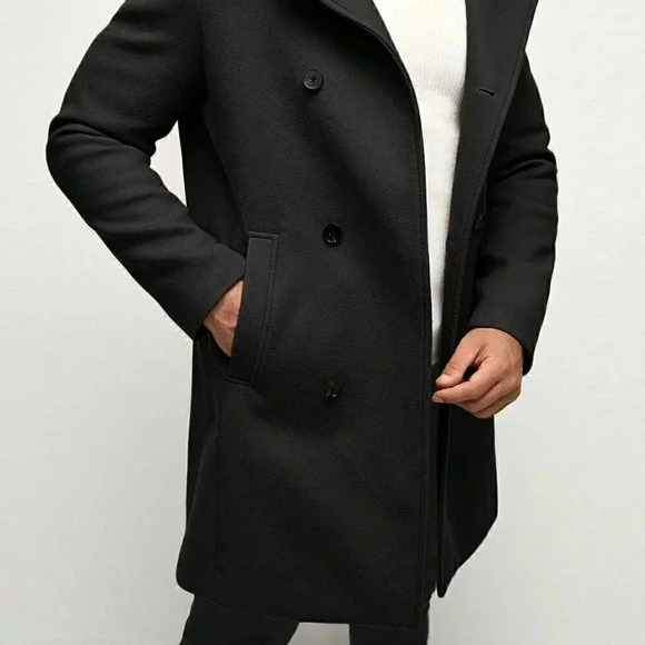 Black Preppy Mens Double Breasted Slant Pocket Overcoat - Picture 4 of 5